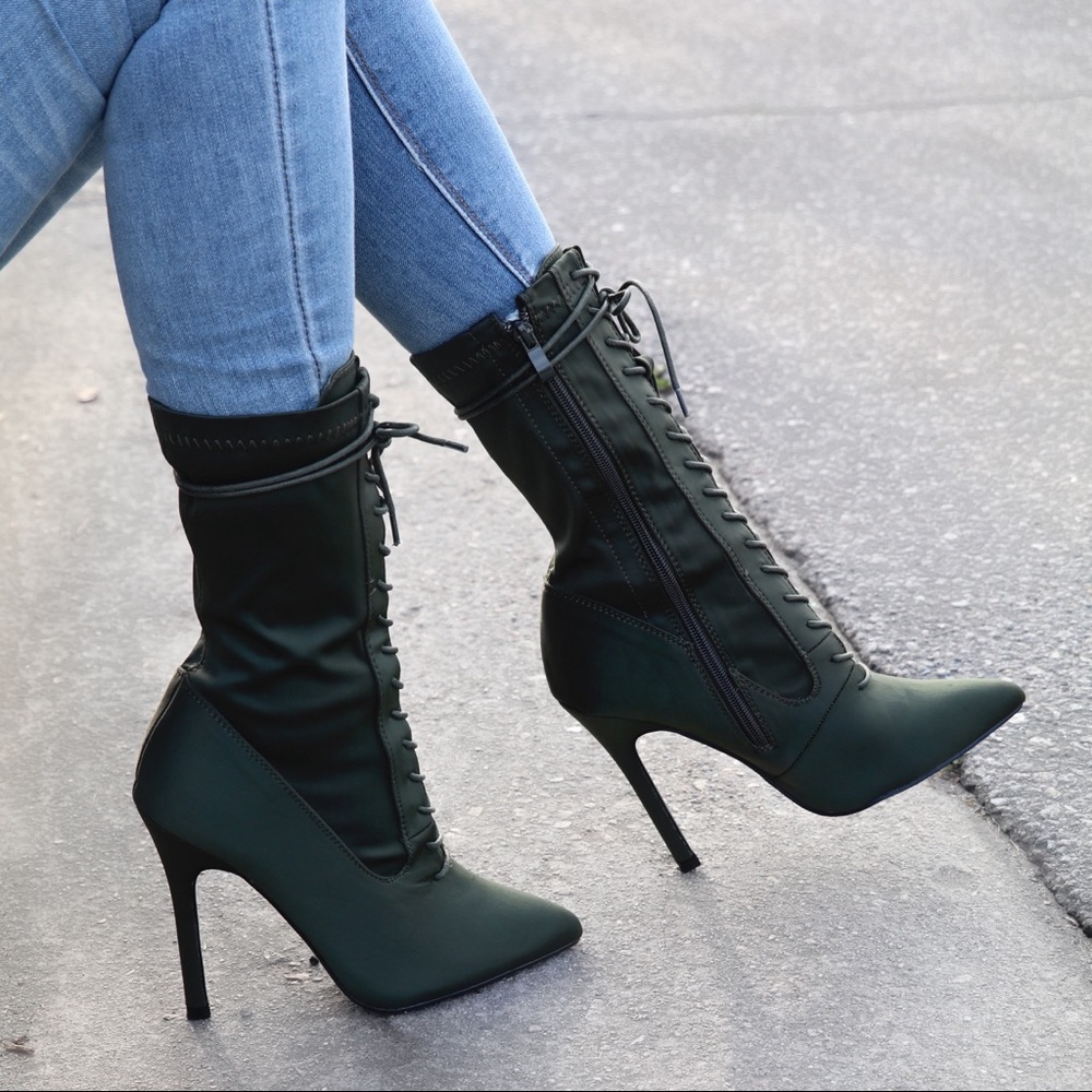 Olive , Lace up Pointed Toe Booties